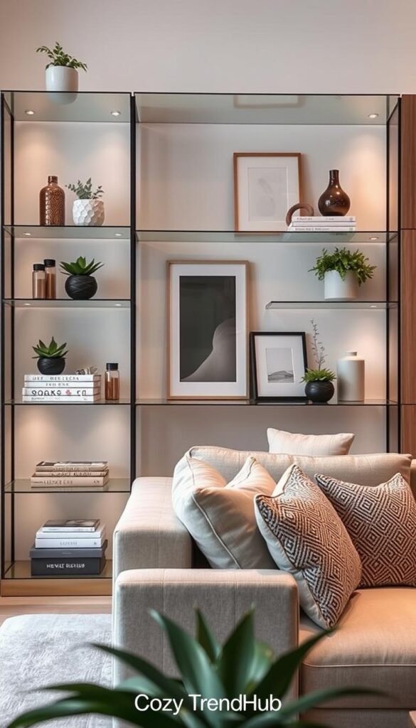 A beautifully arranged living space featuring glass and open shelving that maximizes storage without feeling cluttered. In the foreground, elegant glass shelves display carefully curated decor items like plants, books, and minimalist art pieces. The middle ground showcases a cozy seating area with a stylish couch and decorative cushions, complemented by soft ambient lighting that casts a warm glow. In the background, a light-colored wall and natural wood accents provide a serene backdrop. The scene is captured from a slightly elevated angle, mimicking the style of Pinterest lifestyle photography. The overall mood is inviting and chic, reflecting the essence of modern aesthetic decor. The brand “CozyTrendHub” is subtly integrated into the design for branding coherence. A beautifully arranged living space featuring glass and open shelving that maximizes storage without feeling cluttered. In the foreground, elegant glass shelves display carefully curated decor items like plants, books, and minimalist art pieces. The middle ground showcases a cozy seating area with a stylish couch and decorative cushions, complemented by soft ambient lighting that casts a warm glow. In the background, a light-colored wall and natural wood accents provide a serene backdrop. The scene is captured from a slightly elevated angle, mimicking the style of Pinterest lifestyle photography. The overall mood is inviting and chic, reflecting the essence of modern aesthetic decor. The brand “CozyTrendHub” is subtly integrated into the design for branding coherence.