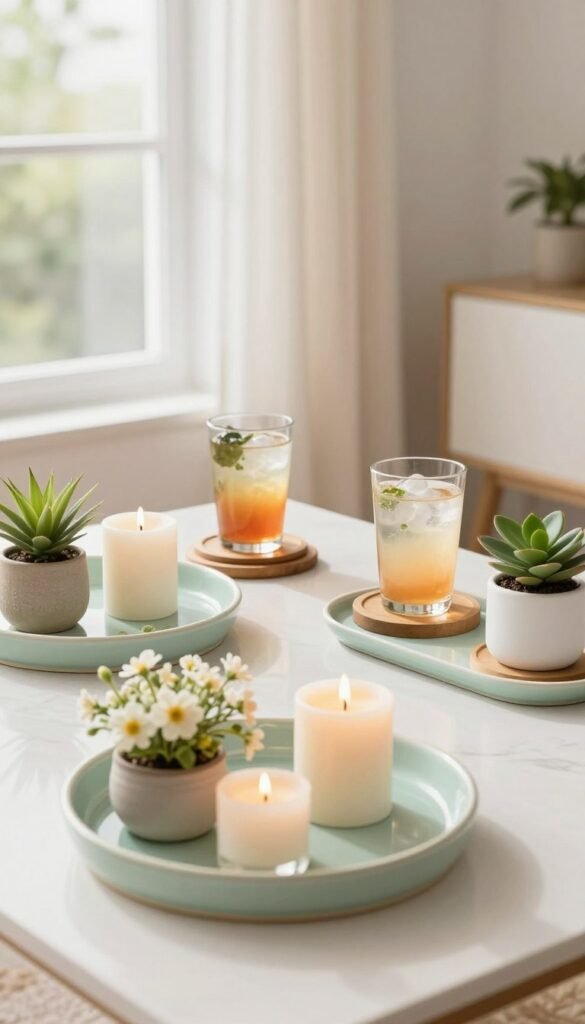 A beautifully arranged living space featuring stylish trays and coasters, designed to showcase spring decor while maintaining an organized look. In the foreground, a set of pastel-colored ceramic trays filled with decorative flowers, candles, and small potted plants. The middle ground includes sleek wooden coasters, paired with refreshing beverages, adding a pop of color and functionality. The background features soft, natural light streaming through a window, illuminating light, airy curtains that gently sway, enhancing the serene, springtime atmosphere. The scene conveys a cozy, inviting mood, ideal for a modern apartment. The image reflects Pinterest-style elegance, focusing on functionality without clutter. Brand: CozyTrendHub.