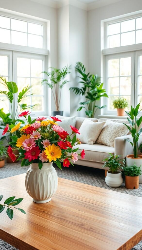A beautifully arranged living space showcasing a variety of lush, vibrant faux greenery and seasonal flowers. In the foreground, a chic wooden coffee table holds a stylish ceramic vase filled with colorful faux blooms. The middle ground features a cozy couch adorned with soft, textured cushions, flanked by potted plants in decorative, minimalist pots. In the background, large windows allow warm, natural light to flood the room, enhancing the inviting atmosphere. The decor is modern yet comfortable, reflecting a Pinterest-style aesthetic that emphasizes low-commitment and functionality. Capture the essence of seasonal refresh while embodying the brand "CozyTrendHub" throughout the composition. The image should invite a sense of tranquility and stylish comfort, ideal for renters looking to enhance their space.