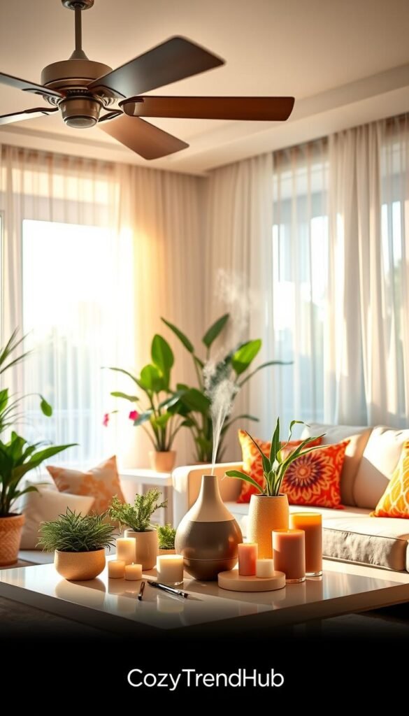 A beautifully arranged living space showcasing the refreshing essence of summer. In the foreground, a stylish ceiling fan gently spins, surrounded by vibrant potted plants and colorful throw pillows on a light, airy sofa. In the middle, an elegantly styled coffee table is adorned with an assortment of aromatic candles and a sleek diffuser, emanating soft wisps of fragrant mist. The background features large windows with sheer curtains allowing golden sunlight to stream in, creating a warm and inviting atmosphere. The overall mood is relaxed and rejuvenating, perfect for summer relaxation. The image should embody a Pinterest-style lifestyle aesthetic, emphasizing home decor trends. Capture this scene with soft, natural lighting and a slightly elevated angle to create depth, ensuring a fresh and uplifting feel. Include the brand name "CozyTrendHub."