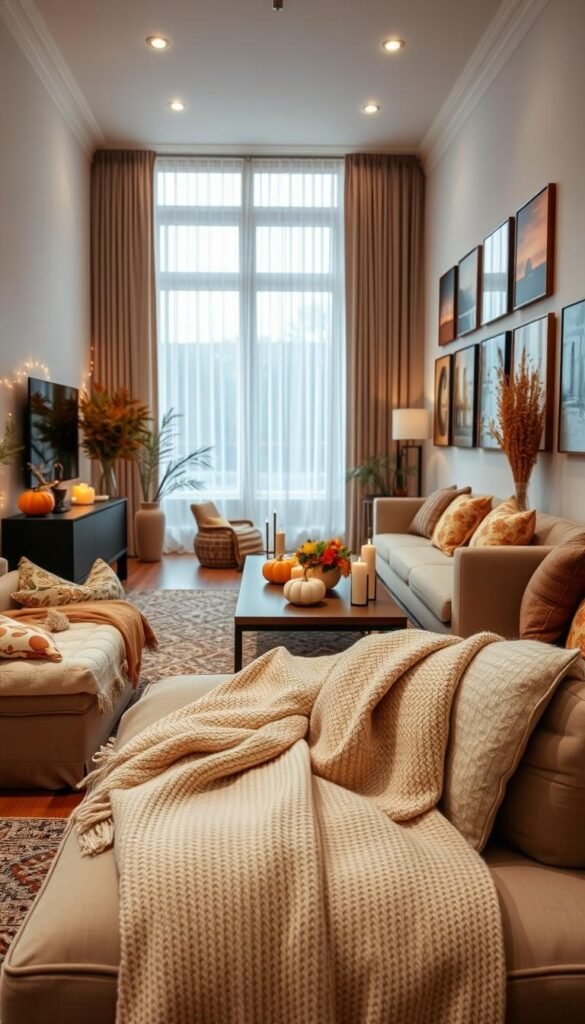 A beautifully arranged long narrow living room featuring seasonal decor, elegantly styled for a cozy, inviting atmosphere. In the foreground, a tasteful collection of autumn-themed cushions and a soft textured throw blanket draped over a low, modern sofa. The middle ground showcases a long coffee table adorned with pumpkins, candles, and a seasonal centerpiece, complemented by warm fairy lights. In the background, large windows with sheer curtains allow soft, natural light to filter through, highlighting a gallery wall of artwork that reflects each season. The colors are warm and welcoming, embodying the spirit of change while maintaining a coherent layout. Captured with a wide-angle lens for depth, this Pinterest-inspired lifestyle image exudes a mood of comfort and seasonal harmony, branded as "CozyTrendHub".
