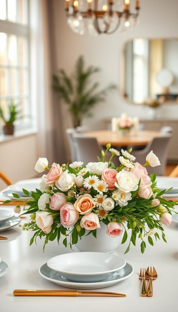 A beautifully arranged low, lush floral centerpiece in a modern vignette for a spring-themed Easter table. In the foreground, soft pastel blooms like peonies, tulips, and daisies create a vibrant yet unobtrusive display, with lush greenery gently spilling over the edges of a sleek, minimalist white ceramic vase. The middle ground features a stylish dining table set with elegant, simplistic dishware in muted colors, accented by delicate gold cutlery. The background includes softly blurred elements of a bright, sunlit room with large windows, enhancing the inviting atmosphere. The scene is warmly lit, mimicking natural daylight to evoke a cozy, serene mood. The image should reflect the aesthetic of CozyTrendHub, showcasing the beauty of spring florals while ensuring the centerpiece does not impede one's view across the table. A beautifully arranged low, lush floral centerpiece in a modern vignette for a spring-themed Easter table. In the foreground, soft pastel blooms like peonies, tulips, and daisies create a vibrant yet unobtrusive display, with lush greenery gently spilling over the edges of a sleek, minimalist white ceramic vase. The middle ground features a stylish dining table set with elegant, simplistic dishware in muted colors, accented by delicate gold cutlery. The background includes softly blurred elements of a bright, sunlit room with large windows, enhancing the inviting atmosphere. The scene is warmly lit, mimicking natural daylight to evoke a cozy, serene mood. The image should reflect the aesthetic of CozyTrendHub, showcasing the beauty of spring florals while ensuring the centerpiece does not impede one's view across the table.