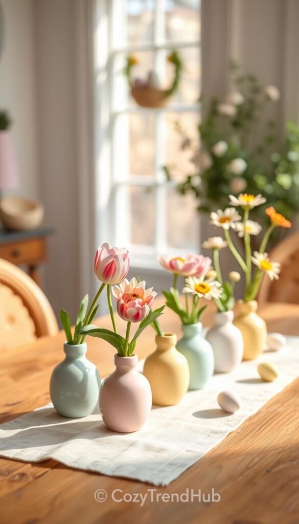 A beautifully arranged mini bud vase set on a rustic wooden table. The foreground features delicate ceramic vases in soft pastel colors, each holding a single fresh flower stem, like tulips and daisies, showcasing their vibrant blooms. The middle ground includes a soft linen table runner in a light, airy color that complements the vases, enhancing a cozy, inviting feel. In the background, softly blurred Easter-themed decorations, such as pastel eggs and gentle greenery, create a charming atmosphere. Natural sunlight filters through a nearby window, casting a warm glow, accentuating the serene and festive mood. The composition should evoke a Pinterest-style, homey aesthetic, reflecting seasonal beauty and simplicity. Styled for "CozyTrendHub".