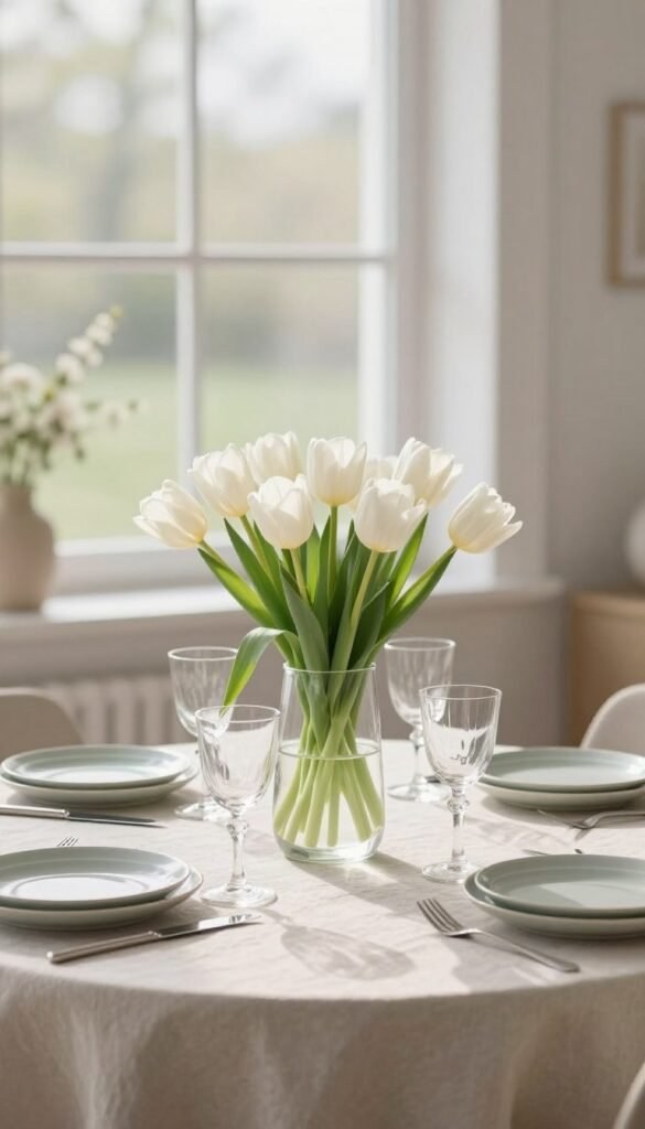 A beautifully arranged minimalist Easter table setting, showcasing a clear glass vase filled with delicate white tulips at the center. Surrounding the vase are simple pastel-colored ceramic dishes and elegantly paired transparent glassware, enhancing the light, airy feel. The table features a soft linen tablecloth in a neutral tone, allowing the decor elements to stand out. Behind the table, a softly blurred background of a serene spring scene with gentle morning light filtering through a window, casting soft shadows. The overall mood is calm and intentional, reflecting a sophisticated yet simple approach to seasonal decor. The image should inspire feelings of tranquility and elegance, perfect for a spring home. Captured in natural daylight with a shallow depth of field, reminiscent of a Pinterest lifestyle photo by CozyTrendHub. A beautifully arranged minimalist Easter table setting, showcasing a clear glass vase filled with delicate white tulips at the center. Surrounding the vase are simple pastel-colored ceramic dishes and elegantly paired transparent glassware, enhancing the light, airy feel. The table features a soft linen tablecloth in a neutral tone, allowing the decor elements to stand out. Behind the table, a softly blurred background of a serene spring scene with gentle morning light filtering through a window, casting soft shadows. The overall mood is calm and intentional, reflecting a sophisticated yet simple approach to seasonal decor. The image should inspire feelings of tranquility and elegance, perfect for a spring home. Captured in natural daylight with a shallow depth of field, reminiscent of a Pinterest lifestyle photo by CozyTrendHub.