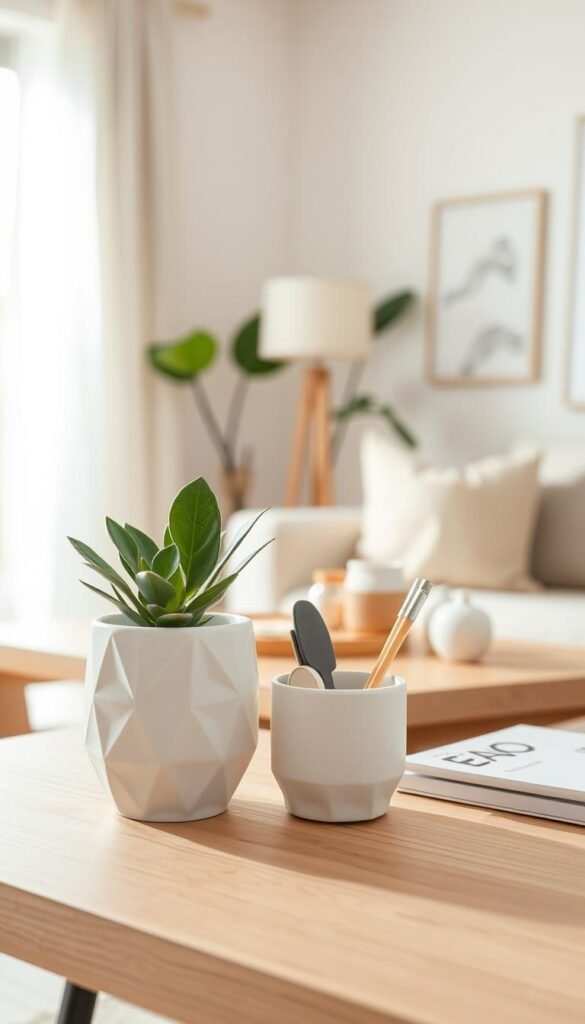 A beautifully arranged minimalist decor display featuring a modern holder designed for organizing everyday essentials. In the foreground, showcase a sleek, white ceramic holder with geometric patterns, filled with greenery like a small succulent and minimalist stationery. In the middle ground, include a clean wooden table with subtle texture, arranged with a few stylish decor items like a candle and a small vase. The background should be softly blurred, depicting a cozy and light-filled modern living space with pale walls and soft natural light streaming through a window. Use a warm color palette to evoke a serene and inviting atmosphere. Capture the scene from a slightly elevated angle to provide a wide view, ideal for inspiration. Ensure the overall aesthetic reflects the brand "CozyTrendHub".