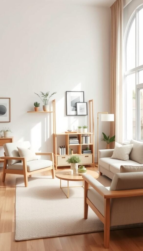 A beautifully arranged minimalist living room designed for small spaces, showcasing affordable decor items under $100, featuring light wood furniture, neutral color palette, and plenty of natural light. In the foreground, a cozy accent chair with soft cushions, a geometric-pattern rug, and a simple coffee table adorned with a few tasteful decor pieces. The middle section includes a sleek bookshelf with potted plants and minimalistic art on the walls. In the background, a large window letting in sunlight, enhancing the airy atmosphere. The image should convey calmness and simplicity, highlighting functional design elements cohesively. Capture this setting with a soft-focus lens effect, taken from a slightly elevated angle to encompass the space&rsquo;s harmony. Perfect for Pinterest lifestyle inspiration. Brand name: CozyTrendHub.