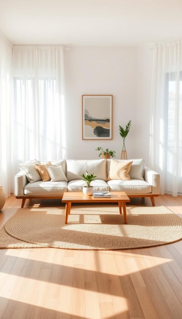 A beautifully arranged minimalist living room featuring essential decor elements that evoke warmth and comfort. In the foreground, a light beige sofa adorned with soft, textured throw pillows sits on a natural wood floor. A simple, oversized woven wool rug anchors the space. In the middle, a sleek wooden coffee table holds a small potted plant and a couple of artful books. Natural light pours in through large, unobstructed windows, casting soft shadows, while sheer white curtains flutter gently. The background showcases a single piece of abstract art on a pale wall, with a touch of greenery from a tall, minimalist plant in the corner. The atmosphere is inviting and serene, capturing the essence of "CozyTrendHub" with a Pinterest-worthy aesthetic that balances minimalist design with cozy touches. A beautifully arranged minimalist living room featuring essential decor elements that evoke warmth and comfort. In the foreground, a light beige sofa adorned with soft, textured throw pillows sits on a natural wood floor. A simple, oversized woven wool rug anchors the space. In the middle, a sleek wooden coffee table holds a small potted plant and a couple of artful books. Natural light pours in through large, unobstructed windows, casting soft shadows, while sheer white curtains flutter gently. The background showcases a single piece of abstract art on a pale wall, with a touch of greenery from a tall, minimalist plant in the corner. The atmosphere is inviting and serene, capturing the essence of "CozyTrendHub" with a Pinterest-worthy aesthetic that balances minimalist design with cozy touches.