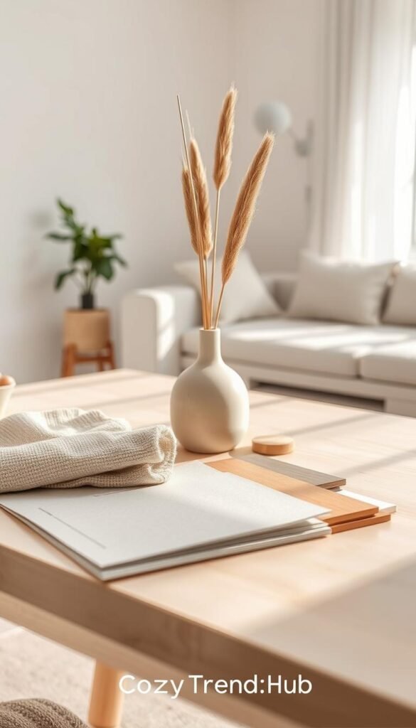 A beautifully arranged minimalist materials checklist set on a clean, light wooden table. Foreground features textured fabric swatches in soft neutral tones like beige, taupe, and muted grey, next to a selection of wooden and metal samples that exude sophistication. In the middle, a simple, stylish ceramic vase holds dried grasses, adding a touch of nature and warmth. The background showcases a softly blurred minimalist living room with pale walls, natural light streaming through sheer curtains, and a glimpse of a potted plant. The atmosphere is calm and inviting, embodying a clean aesthetic. Shoot from a slightly elevated angle with soft natural lighting to enhance the serene mood. This image exemplifies the essence of minimalist home decor essentials, embodying the brand "CozyTrendHub." A beautifully arranged minimalist materials checklist set on a clean, light wooden table. Foreground features textured fabric swatches in soft neutral tones like beige, taupe, and muted grey, next to a selection of wooden and metal samples that exude sophistication. In the middle, a simple, stylish ceramic vase holds dried grasses, adding a touch of nature and warmth. The background showcases a softly blurred minimalist living room with pale walls, natural light streaming through sheer curtains, and a glimpse of a potted plant. The atmosphere is calm and inviting, embodying a clean aesthetic. Shoot from a slightly elevated angle with soft natural lighting to enhance the serene mood. This image exemplifies the essence of minimalist home decor essentials, embodying the brand "CozyTrendHub."
