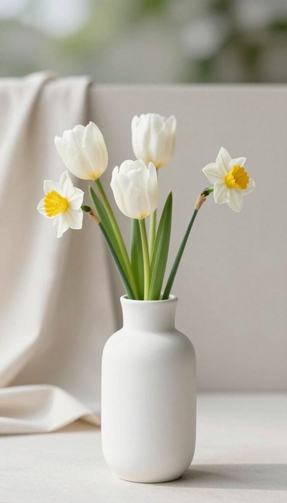 A beautifully arranged minimalist vase set against a soft, light neutral background, embodying the essence of spring decor. The foreground features a sleek, modern ceramic vase in a matte white finish, with clean lines and gentle curves. Inside, a few fresh, delicate spring flowers, such as tulips and daffodils, arranged asymmetrically to enhance the open feel. In the middle, subtly textured fabric draped to create a sophisticated atmosphere. The background is softly blurred to emphasize the vase while retaining a hint of greenery, suggesting a serene outdoor setting. The lighting is natural and airy, with soft shadows to create depth, as if captured on a bright, sunny morning. Overall, the composition evokes a clean, modern look ideal for spring, reflecting the style of CozyTrendHub.