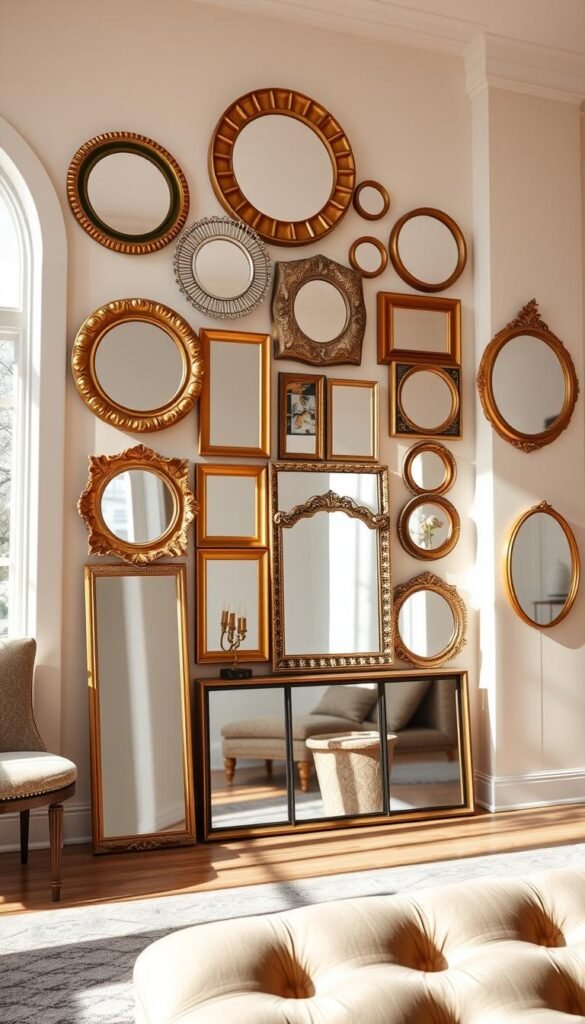 A beautifully arranged mirror gallery wall in a bright and airy living room, featuring a variety of mirrors in different shapes and sizes, including round, square, and rectangular designs, all framed in elegant materials like gold and wood. The foreground showcases one large, ornate mirror reflecting natural light streaming in through a window. In the middle, smaller mirrors with intricate details are artfully arranged to create a dynamic visual flow. The background includes soft pastel walls and minimalist decor that enhance the sense of space and light. The scene is well-lit with warm, inviting lighting, creating a cozy atmosphere that feels both stylish and spacious. Shot at a slight angle with a wide lens to capture depth, inspired by Pinterest aesthetics. Perfect for CozyTrendHub. A beautifully arranged mirror gallery wall in a bright and airy living room, featuring a variety of mirrors in different shapes and sizes, including round, square, and rectangular designs, all framed in elegant materials like gold and wood. The foreground showcases one large, ornate mirror reflecting natural light streaming in through a window. In the middle, smaller mirrors with intricate details are artfully arranged to create a dynamic visual flow. The background includes soft pastel walls and minimalist decor that enhance the sense of space and light. The scene is well-lit with warm, inviting lighting, creating a cozy atmosphere that feels both stylish and spacious. Shot at a slight angle with a wide lens to capture depth, inspired by Pinterest aesthetics. Perfect for CozyTrendHub.