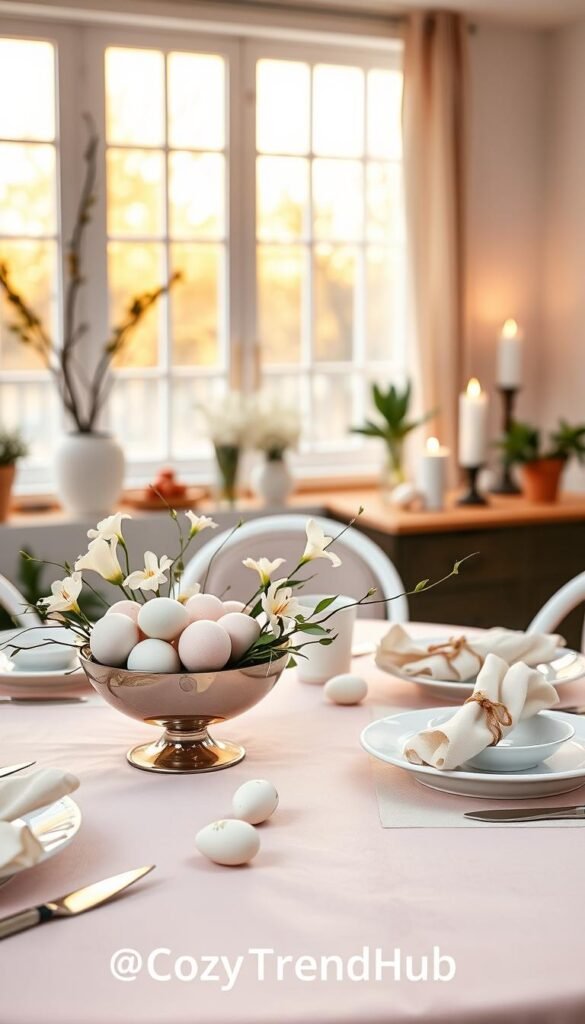 A beautifully arranged modern Easter table set for a festive meal, featuring a pale pink tablecloth and elegant white dinnerware. Foreground: a centerpiece of pastel-colored eggs in a stylish bowl, alongside delicate white lilies and green branches. Middle: neatly folded napkins tied with natural twine and small hand-painted eggs placed strategically. Background: a softly lit dining space with large windows allowing warm, golden light to filter through, enhancing the cozy atmosphere. Incorporate subtle elements like a hint of greenery from potted plants and minimalistic candle holders emitting a soft glow. Capture the essence of contemporary decor with a touch of spring whimsy, reflecting a Pinterest-worthy lifestyle. Include the brand name "CozyTrendHub" subtly integrated into the arrangement. A beautifully arranged modern Easter table set for a festive meal, featuring a pale pink tablecloth and elegant white dinnerware. Foreground: a centerpiece of pastel-colored eggs in a stylish bowl, alongside delicate white lilies and green branches. Middle: neatly folded napkins tied with natural twine and small hand-painted eggs placed strategically. Background: a softly lit dining space with large windows allowing warm, golden light to filter through, enhancing the cozy atmosphere. Incorporate subtle elements like a hint of greenery from potted plants and minimalistic candle holders emitting a soft glow. Capture the essence of contemporary decor with a touch of spring whimsy, reflecting a Pinterest-worthy lifestyle. Include the brand name "CozyTrendHub" subtly integrated into the arrangement.