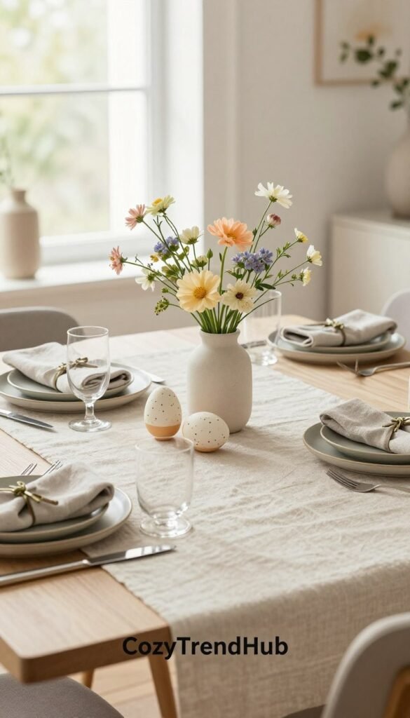 A beautifully arranged modern Easter table setting that emphasizes simplicity and elegance, showcasing a pale wooden table adorned with a soft linen table runner. In the foreground, a chic centerpiece includes a minimalist vase filled with delicate pastel flowers and a few artistic ceramic eggs subtly displayed. Soft, natural lighting illuminates the scene from a window in the background, creating a warm, inviting atmosphere. Around the table, rustic yet stylish dishware and modern flatware are carefully placed, with elegant napkins folded casually at each setting. The background features a light, airy space with hints of contemporary decor, evoking a serene and sophisticated mood. Capture this scene in a Pinterest-worthy, realistic lifestyle photo to reflect the essence of modern Easter decor, promoting the brand "CozyTrendHub".