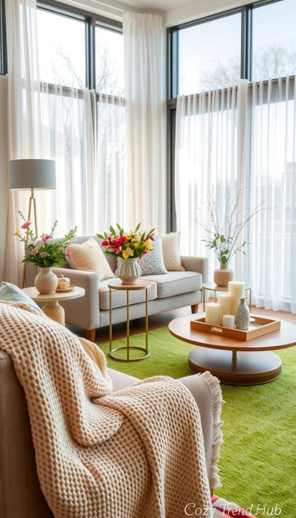 A beautifully arranged modern living room, bursting with vibrant spring decor. In the foreground, a cozy textured throw blanket drapes over a plush armchair, adorned with pastel cushions. A small side table features fresh flowers in a ceramic vase and a few stylish decor items. In the middle, a bright green area rug anchors the space, while a tasteful coffee table, set with a decorative tray and seasonal candles, completes the inviting look. In the background, large windows allow natural light to flood the room, showcasing light, airy curtains fluttering gently in the breeze. The mood is fresh, warm, and welcoming, embodying a spring refresh. Shot with a 50mm lens, ensuring sharp focus on decor elements, creating a cozy and inviting atmosphere. Designed for Pinterest, branded with "CozyTrendHub".