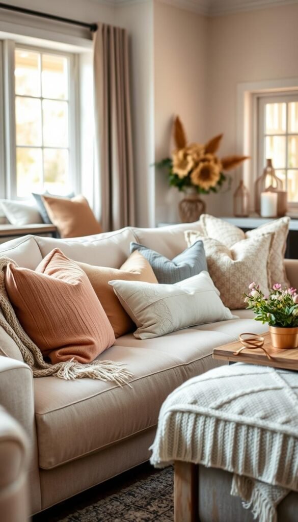 A beautifully arranged modern living room featuring an array of throw pillows in various textures and colors, showcasing soft earth tones and seasonal pops of pastel hues. The foreground captures an inviting, plush sofa adorned with a cozy knit throw, elegantly draped across one arm. In the middle, a rustic wooden coffee table displays decorative accents, such as a small vase of fresh flowers and a stylish candle. The background features softly lit windows allowing warm natural light to filter in, enhancing the inviting atmosphere. The lens offers a slight depth of field, focusing on the pillows while gently blurring the background for a cozy, homey feel. Designed for "CozyTrendHub," this image embodies a seasonal aesthetic refresh, perfect for modern homes.