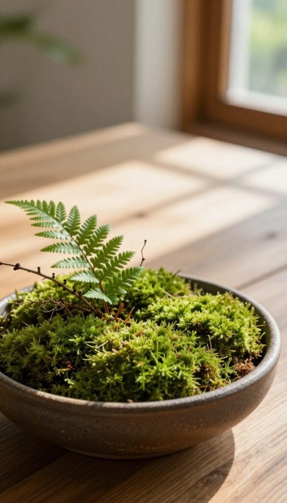 A beautifully arranged moss bowl in the foreground, filled with vibrant shades of green moss, delicate ferns, and small twigs, showcasing natural textures. The bowl should be a rustic clay or ceramic with a matte finish, reflecting a cozy, organic vibe. In the middle ground, a softly blurred wooden table enhances the earthy feel, with morning sunlight streaming in, casting gentle shadows that create a warm ambiance. In the background, a hint of greenery through a slightly open window adds depth, evoking the freshness of spring. The overall mood is serene and rejuvenating, perfect for a spring-themed home decor aesthetic. Shot with a shallow depth of field to emphasize the moss bowl, capturing a vibrant lifestyle essence. Designed in the style of CozyTrendHub for a Pinterest-worthy look.