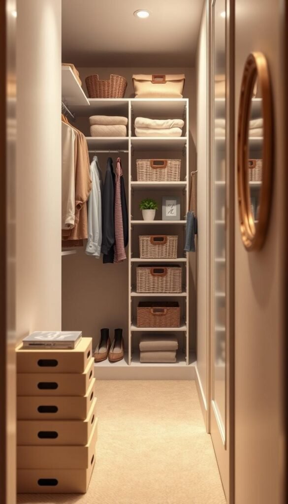 A beautifully arranged narrow closet featuring a contemporary closet installation with various organizer systems in soft hues. In the foreground, show a neatly stacked pair of shoe boxes and a few hangers displaying neatly folded clothes. In the middle, focus on the closet organizer with shelves holding organized accessories, baskets, and a small potted plant, highlighting efficient use of space. In the background, a portion of a well-lit room with a soft, neutral wall tone and a decorative mirror reflects a cozy atmosphere, ideal for inspiration. The lighting is warm, creating a welcoming glow, with a shallow depth of field to emphasize the closet installation. This Pinterest-style lifestyle image showcases practical tips and clever designs suited for small spaces, reflecting the brand CozyTrendHub's aesthetic.