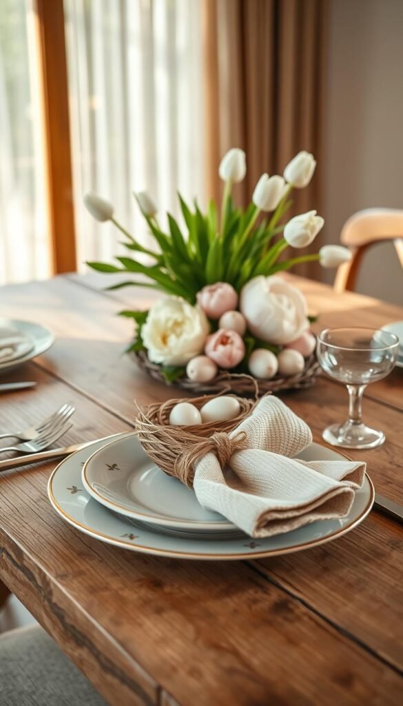 A beautifully arranged nest-inspired place setting on a rustic wooden dining table, showcasing soft pastel colors and natural textures. In the foreground, a delicate dinnerware set adorned with a subtle bird motif, featuring a textured linen napkin nestled in a small twine-wrapped nest. The middle section includes a fresh floral centerpiece made of white tulips and pale pink peonies, along with charming decorative eggs in soft hues. In the background, warm afternoon sunlight filters through sheer curtains, creating a soft, inviting glow. The setting conveys a serene and elegant atmosphere, perfect for a spring gathering. Capture the essence of CozyTrendHub&rsquo;s aesthetic, emphasizing simplicity combined with sophistication, in a Pinterest-style lifestyle image.