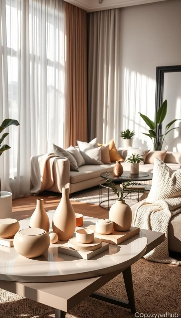 A beautifully arranged neutral color palette showcasing modern decor for small spaces. In the foreground, a stylish coffee table adorned with a selection of chic decor items in soft taupes and creamy whites. The middle ground features a cozy, well-lit living area with a minimalist sectional sofa draped in muted fabrics, surrounded by potted plants and stylish, textured cushions. The background displays a bright window with sheer curtains, allowing natural light to flood the space, enhancing the airy feel. The overall atmosphere is inviting and serene, with an emphasis on modern aesthetics suited for an apartment setting. Soft shadows create depth and warmth, reminiscent of Pinterest-style lifestyle photos. CozyTrendHub.