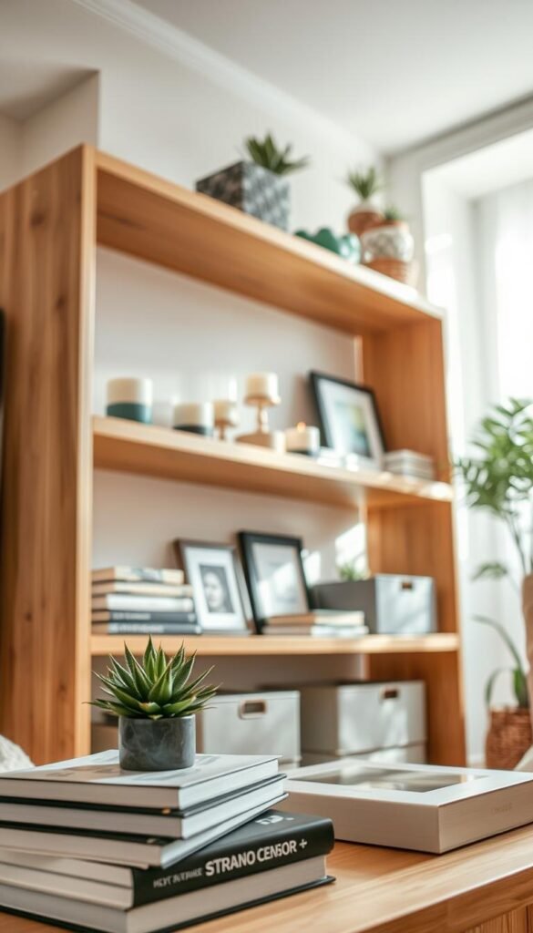 A beautifully arranged open shelf in a cozy living room, showcasing a harmonious blend of books, decorative plants, and stylish storage bins. In the foreground, the focus is on a few neatly stacked books with a small potted succulent, adding a touch of greenery. The middle layer features shelves made of light wood, displaying a curated selection of seasonal decorative items like candles and picture frames, all spaced perfectly for easy access. In the background, soft, diffused sunlight streams through a nearby window, creating a warm and inviting atmosphere. The angle captures the shelves at eye level, emphasizing their height and spacing, while the overall mood is organized and aesthetically pleasing, reflecting the essence of modern home decor. This scene is styled to represent brand aesthetics of CozyTrendHub.