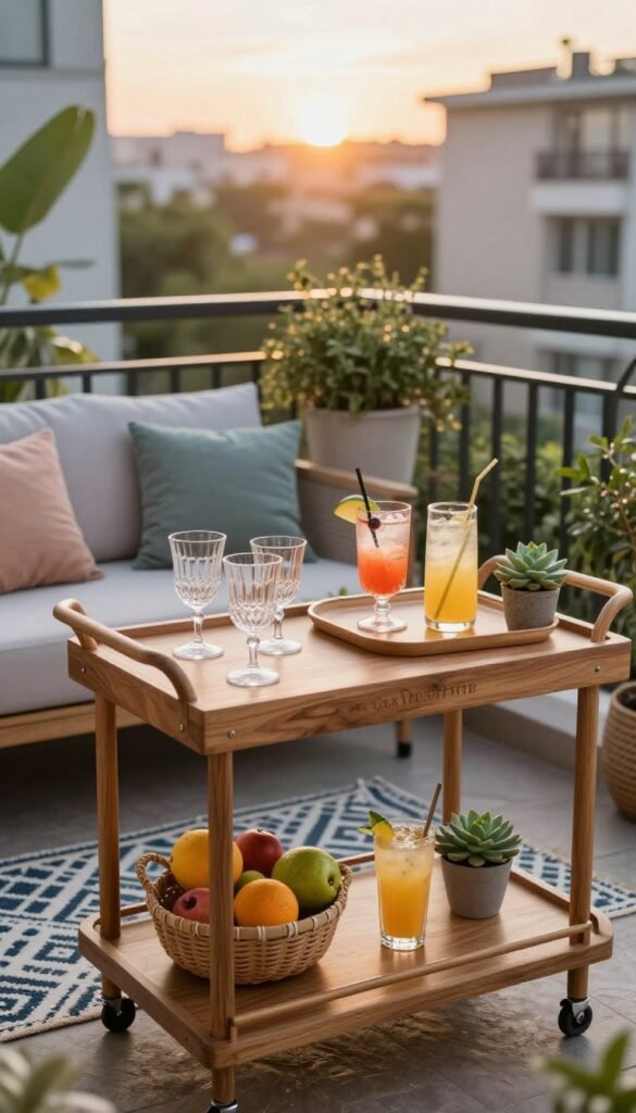 A beautifully arranged outdoor bar cart set on a cozy balcony, adorned with elegant glassware, vibrant cocktail ingredients, and stylish serving trays. In the foreground, the bar cart features a natural wood finish, complemented by a basket of fresh fruits and a small succulent plant. The middle ground showcases comfortable seating with soft throw pillows and a chic outdoor rug, inviting relaxation. In the background, a lush urban garden and a soft sunset cast warm golden lighting, enhancing the inviting atmosphere. The image captures a serene summer vibe, ideal for entertaining guests in a small space. Overall, this lifestyle photo reflects the brand "CozyTrendHub," showcasing perfect balcony decor for summer gatherings.