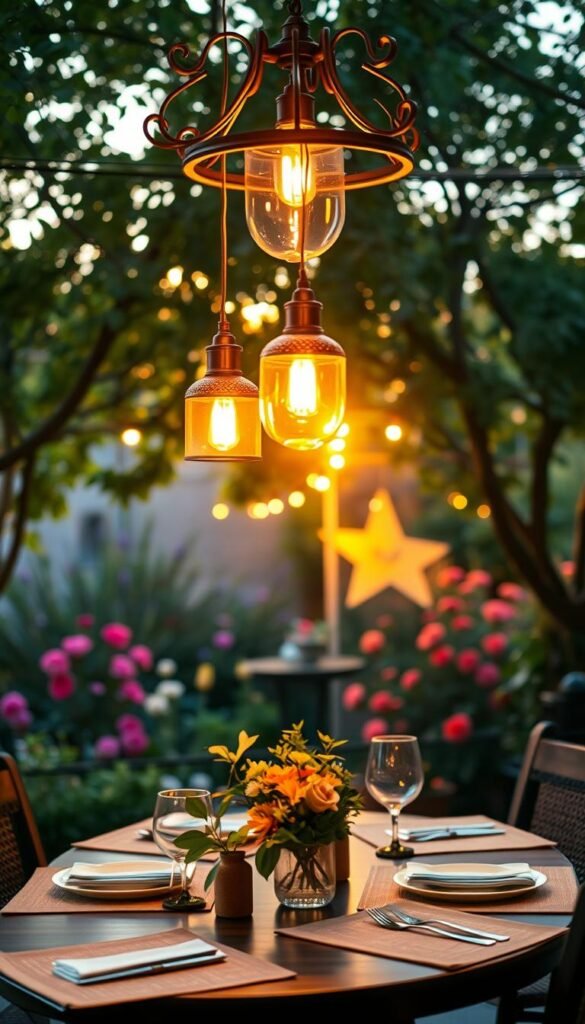 A beautifully arranged outdoor dining space during a warm summer evening, featuring elegant pendant lights and a stunning outdoor chandelier overhead. In the foreground, a carefully set dining table with stylish placemats and charming dinnerware glows softly under the warm light. In the middle ground, eye-catching pendant lights hang gracefully, casting a gentle golden hue across the table. The background displays a lush garden filled with greenery and blooming flowers, enhancing the inviting atmosphere. Soft bokeh effects create a dreamy ambiance, while warm sunlight filters through the leaves, creating a magical twilight moment. Emphasize the cozy, inviting feel of outdoor dining. The scene reflects a Pinterest-worthy lifestyle photo, branded "CozyTrendHub," perfect for showcasing summer lighting ideas. A beautifully arranged outdoor dining space during a warm summer evening, featuring elegant pendant lights and a stunning outdoor chandelier overhead. In the foreground, a carefully set dining table with stylish placemats and charming dinnerware glows softly under the warm light. In the middle ground, eye-catching pendant lights hang gracefully, casting a gentle golden hue across the table. The background displays a lush garden filled with greenery and blooming flowers, enhancing the inviting atmosphere. Soft bokeh effects create a dreamy ambiance, while warm sunlight filters through the leaves, creating a magical twilight moment. Emphasize the cozy, inviting feel of outdoor dining. The scene reflects a Pinterest-worthy lifestyle photo, branded "CozyTrendHub," perfect for showcasing summer lighting ideas.