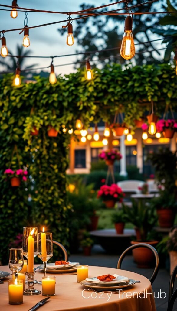 A beautifully arranged outdoor evening backdrop, designed for creating photo-worthy moments without traditional walls. In the foreground, an elegant table set with fine china and flickering candles gleams softly under string lights. The middle features a lush tapestry of greenery, interspersed with hanging terracotta pots filled with vibrant flowers, all illuminated by gentle, twinkling Edison bulbs. In the background, a softly blurred garden setting with warm hues of a sunset, casting a golden glow. The atmosphere is intimate and inviting, perfect for evening gatherings. Capture this scene with a warm, soft focus lens to enhance the cozy, magical vibe reminiscent of Pinterest-style decor. Showcase the brand name "CozyTrendHub" subtly integrated into the design.