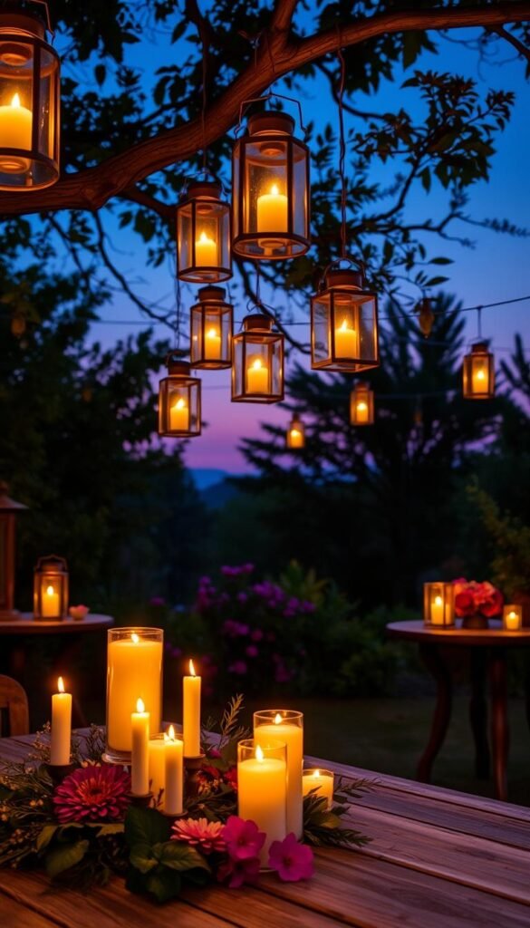 A beautifully arranged outdoor evening setting featuring an assortment of elegant lanterns, softly glowing with warm amber light, suspended from tree branches and placed on rustic wooden tables. In the foreground, a cluster of decorative candles in varying heights flickers gently, casting delicate shadows on the table. The middle ground showcases lush greenery and vivid flowers invoking a serene ambiance, while in the background, a twilight sky transitions from deep blue to purple, dotted with subtle stars. The scene is artfully styled in a cozy, inviting way, suggesting an intimate evening gathering, perfect for setting a relaxed and romantic mood. Capture this enchanting atmosphere in a realistic, Pinterest-style lifestyle photo, ensuring a focus on ambient lighting and inviting decor elements. CozyTrendHub.