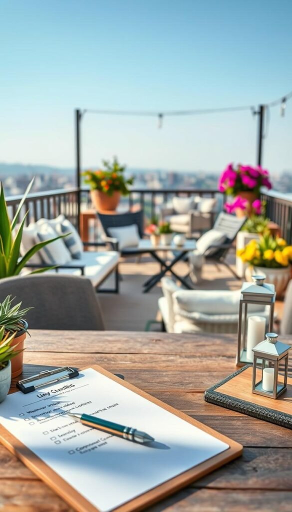A beautifully arranged outdoor furniture checklist displayed on a wooden table adorned with green plants and stylish decor items. In the foreground, a neatly organized checklist on a clipboard, showcasing items like weather-resistant cushions, folding chairs, a compact coffee table, and decorative lanterns. The middle ground features a charming balcony with cozy seating and vibrant potted flowers. In the background, a clear blue sky and distant cityscape hint at an inviting atmosphere. Soft, natural lighting highlights the textures of the furniture, creating a warm, inviting mood. Lens focused on the checklist, blurring the background slightly for depth. The scene embodies a Pinterest-style lifestyle image reflecting modern outdoor decor from CozyTrendHub.