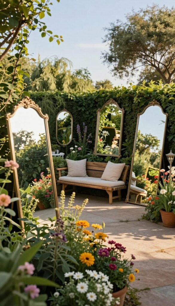 A beautifully arranged outdoor garden featuring an array of stylish garden mirrors that reflect lush greenery and colorful flowers. In the foreground, large, ornate mirrors create a striking visual effect, framed by climbing vines and blooming plants. The middle ground includes a cozy seating area with natural wooden benches adorned with soft throw pillows, enhancing the inviting atmosphere. In the background, gently swaying trees and a clear blue sky provide a serene backdrop. The lighting is soft and warm, reminiscent of late afternoon sun, casting gentle shadows and creating a peaceful ambiance. Captured from a slightly elevated angle to highlight the depth and arrangement of the mirrors, this Pinterest-style lifestyle photo embodies an elegant yet budget-friendly outdoor decor aesthetic. Ideal for CozyTrendHub.