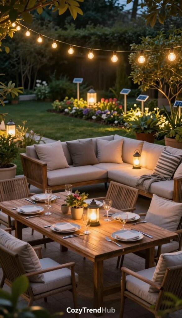 A beautifully arranged outdoor living space during a summer evening, showcasing strategically placed outdoor lighting for maximum illumination and comfort. In the foreground, a cozy patio with a rustic wooden table set for dinner, adorned with elegant string lights hanging overhead and soft lanterns on the table. In the middle ground, plush seating with neutral-toned cushions, and potted plants surrounding the area that create a warm ambiance. The background features a softly glowing garden, where solar-powered stakes illuminate flower beds. The scene captures a serene evening atmosphere with warm lighting that enhances the cozy vibe. Shot from a slightly elevated angle, this Pinterest-style lifestyle photo reflects home decor and seasonal themes, branded as "CozyTrendHub".