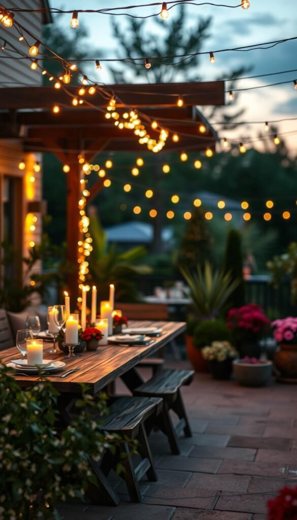 A beautifully arranged outdoor patio featuring warm, glowing string lights delicately draped overhead, creating an inviting atmosphere for gatherings. In the foreground, a rustic wooden table adorned with elegant tableware and flickering candles offers a cozy dining experience. The middle ground displays lush green plants and colorful potted flowers that enhance the outdoor charm, while in the background, a softly blurred view of twilight sky adds depth and romance. The lighting is soft and warm, emulating the golden hour, with a focus on the twinkling lights creating a magical ambiance. The scene reflects a stylish, Pinterest-worthy lifestyle that emphasizes comfort and elegance, perfect for outdoor entertaining. Capture this with a slightly elevated angle to showcase the entire setup, ensuring a warm and inviting mood for CozyTrendHub.
