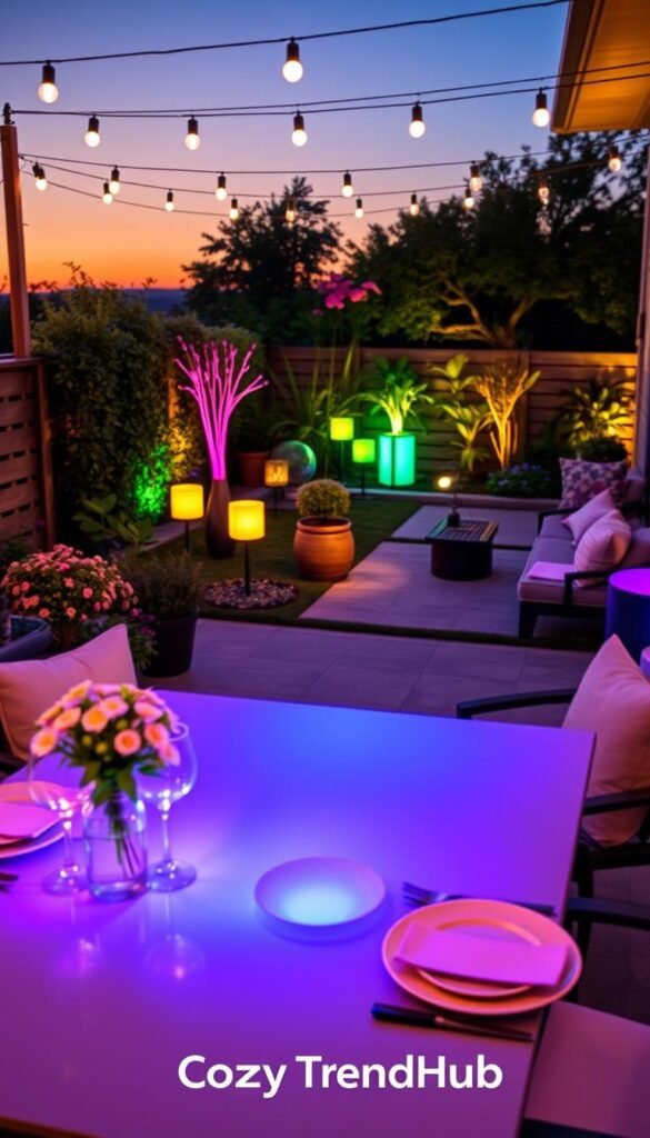 A beautifully arranged outdoor patio scene during twilight, showcasing a modern patio setting with smart LED lights illuminating the area in vibrant colors. In the foreground, a sleek dining table with elegant dinnerware and comfortable seating. The middle ground features customizable patio lights in various themes and colors, highlighting their versatility. Surrounding plants and flowers enhance the ambiance with soft, natural tones. In the background, a tastefully designed garden with ambient lighting creates a warm and inviting atmosphere. Capture the serene mood with soft, diffused lighting, emphasizing the cheerful evening glow. The image should have a cozy, stylish feel, perfect for illustrating smart outdoor lighting solutions. Incorporate the brand name "CozyTrendHub" subtly within the design.