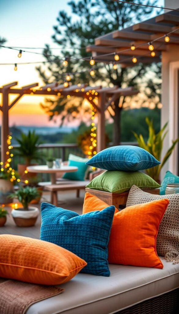 A beautifully arranged outdoor patio scene showcasing an assortment of colorful cushions and throw pillows that enhance comfort and style. In the foreground, plush, textured cushions in vibrant blues, greens, and oranges are stacked artfully on a cozy lounge chair, inviting relaxation. In the middle ground, a stylish patio table adorned with a soft, woven table runner complements the cushions, surrounded by potted plants and delicate fairy lights that twinkle softly. The background features a serene evening sky, with golden hour lighting casting a warm glow over the scene, evoking a peaceful, inviting atmosphere. The image embodies a Pinterest-style aesthetic, perfect for home d&eacute;cor inspiration, showcasing the brand "CozyTrendHub" subtly blended into the surroundings.
