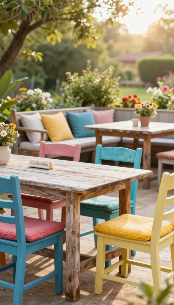 A beautifully arranged outdoor patio scene showcasing budget-friendly furniture revitalized with fresh paint and simple repairs. In the foreground, a rustic wooden table with a distressed finish and colorful painted chairs, adorned with vibrant cushions. The middle ground features a cozy lounge area with a reclaimed bench, accent pillows, and a weathered dining set. In the background, lush greenery and blooming flowers create a serene atmosphere, with a soft-focus bokeh effect. The sunlight filters through the trees, casting warm, inviting light that enhances the colors of the furniture. The overall mood is relaxed and inviting, perfect for outdoor gatherings. The brand &ldquo;CozyTrendHub&rdquo; subtly represented in the scene through a decorative element.