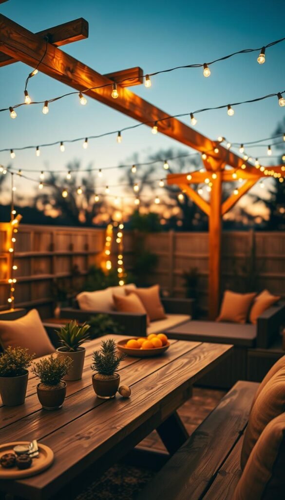 A beautifully arranged outdoor patio scene showcasing cozy string lights draped elegantly across a rustic wooden pergola. In the foreground, a set of twinkling fairy lights in warm white glow softly, casting gentle shadows on a weathered dining table adorned with simple potted plants and a bowl of fresh fruit. The middle ground features comfortable seating, including cushions in earthy tones, inviting guests to relax. In the background, a twilight-colored sky hints at sunset, with silhouettes of surrounding trees adding depth to the atmosphere. Capture this ambiance with a warm, inviting light, using a wide-angle lens to emphasize the cozy gathering space. This Pinterest-inspired, lifestyle image embodies the brand "CozyTrendHub," perfect for illustrating outdoor decor trends for patios.