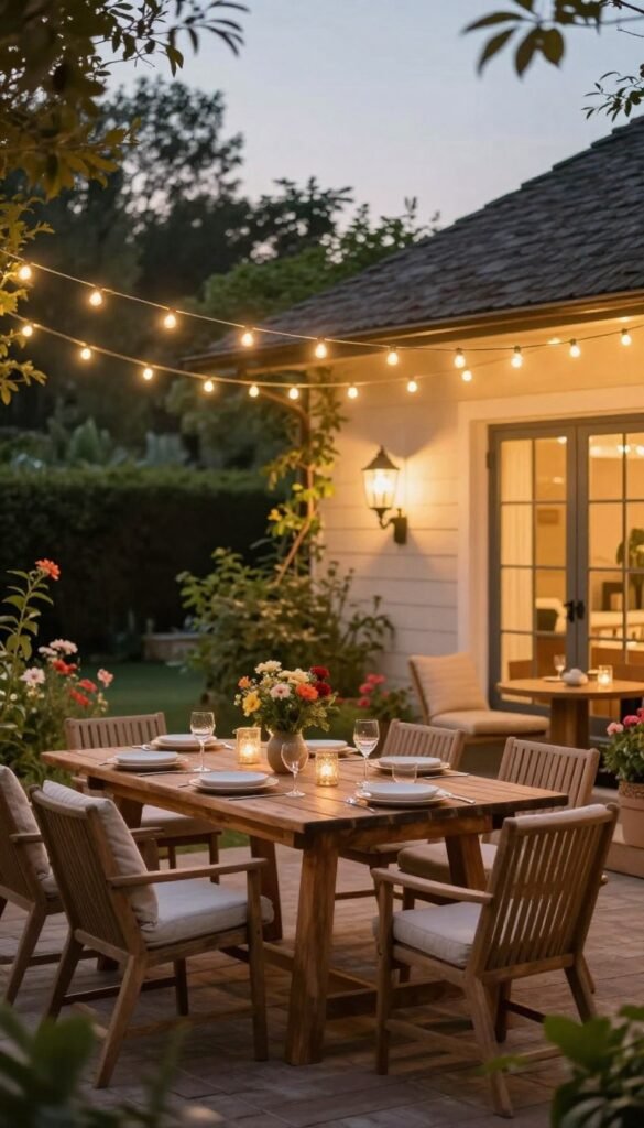 A beautifully arranged outdoor patio setting illuminated by warm, inviting string lights draped gracefully overhead, creating a cozy atmosphere. In the foreground, a rustic wooden table is set with elegant dinnerware, surrounded by comfortable chairs, all bathed in soft, golden light. The middle ground features lush greenery and flowering plants that add vibrant pops of color, enhancing the inviting ambiance. The background reveals a softly lit home, with a welcoming glow coming from the windows, suggesting a relaxed indoor scene. The overall mood is tranquil and welcoming, perfect for summer evenings spent outdoors. This image is styled in a Pinterest-worthy aesthetic, aligning with CozyTrendHub's theme of chic home decor. The scene is captured with a warm, natural light filter, using a wide-angle lens for a spacious feel.