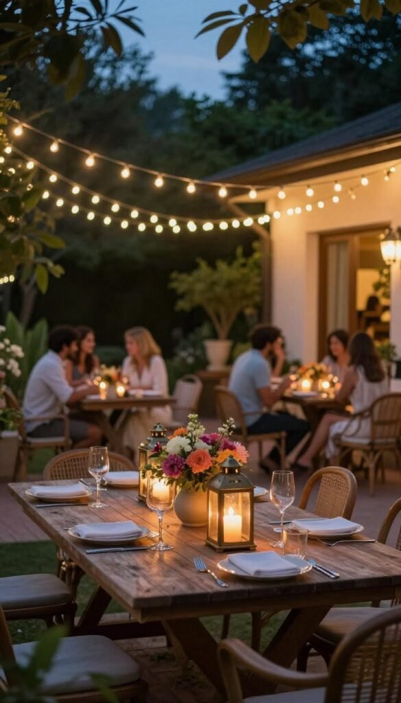 A beautifully arranged outdoor patio setup at twilight, showcasing a cozy summer evening ambiance. In the foreground, a rustic wooden table adorned with flickering candle lanterns and colorful floral arrangements. In the middle ground, stylish string lights are draped elegantly above the dining area, casting a warm, inviting glow. The scene features tasteful, modestly dressed individuals conversing and enjoying each other's company, enhancing the lively atmosphere. In the background, lush greenery and soft patio furniture create an inviting oasis. The overall mood is tranquil and festive, ideal for summer gatherings. Capture this scene with a shallow depth of field to emphasize the lighting and details, creating a Pinterest-worthy image that embodies the essence of outdoor living. Inspired by CozyTrendHub.