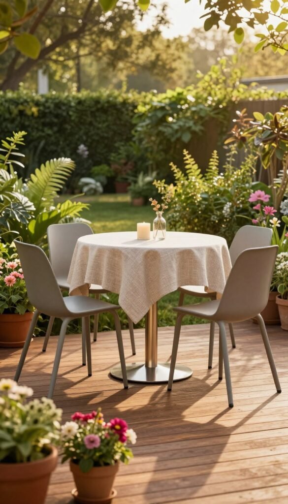 A beautifully arranged outdoor setting featuring a bistro table set for two, ideal for small patios and tight spaces. The table is round, with a sleek metallic surface, surrounded by elegant, slim-profile chairs. In the foreground, a polished wooden deck creates warmth, adorned with potted plants and colorful flowers. In the middle, the cozy table setup is accentuated by a stylish, lightweight tablecloth and subtly placed decorative items like candles and small vases. The background showcases a vibrant garden with lush green foliage under soft, golden hour lighting, casting a warm glow across the scene. The entire composition evokes a serene, inviting atmosphere perfect for outdoor dining. This image aligns with the aesthetic of CozyTrendHub, emphasizing chic yet functional decor that enhances small outdoor spaces.