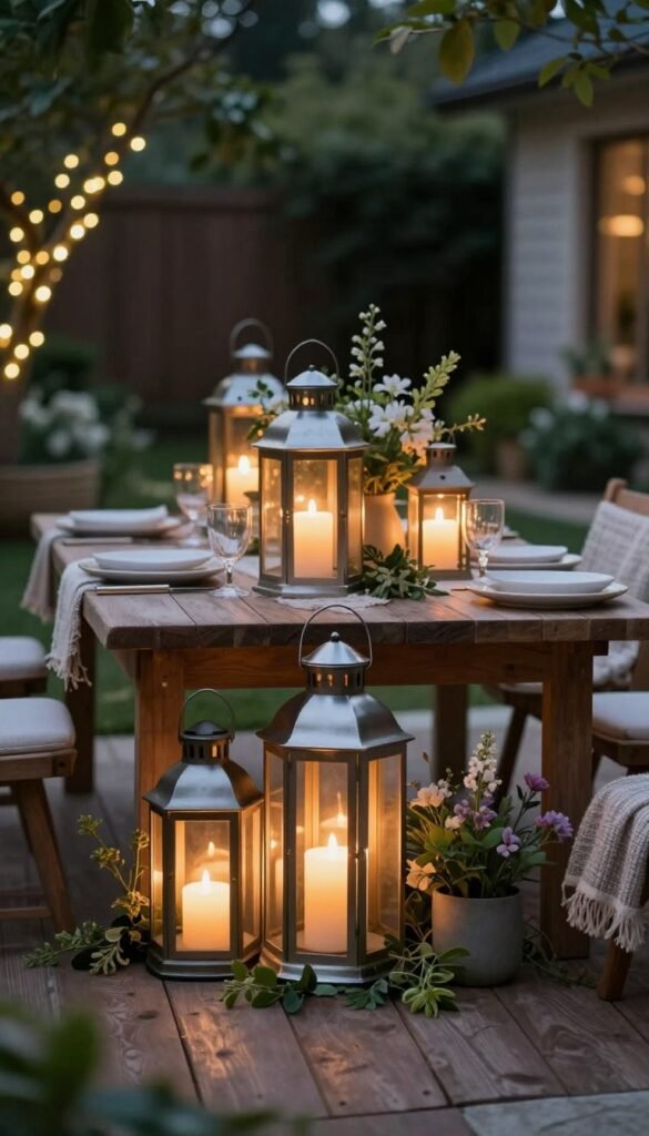 A beautifully arranged outdoor table setting during twilight, featuring an assortment of stylish lanterns and flameless candles that create a warm and inviting glow. In the foreground, elegant lanterns made of brushed metal and frosted glass with soft, flickering lights, accented with lush greenery and delicate flowers. The middle ground showcases a rustic wooden table adorned with cozy textiles and subtle decorative elements, emphasizing a seasonal summer theme. In the background, a softly blurred garden with twinkling fairy lights strung between trees, enhancing the magical ambiance. The lighting is soft and warm, with a gentle bokeh effect. This Pinterest-style image embodies the essence of summer evenings in backyards and balconies, curated by CozyTrendHub. A beautifully arranged outdoor table setting during twilight, featuring an assortment of stylish lanterns and flameless candles that create a warm and inviting glow. In the foreground, elegant lanterns made of brushed metal and frosted glass with soft, flickering lights, accented with lush greenery and delicate flowers. The middle ground showcases a rustic wooden table adorned with cozy textiles and subtle decorative elements, emphasizing a seasonal summer theme. In the background, a softly blurred garden with twinkling fairy lights strung between trees, enhancing the magical ambiance. The lighting is soft and warm, with a gentle bokeh effect. This Pinterest-style image embodies the essence of summer evenings in backyards and balconies, curated by CozyTrendHub.