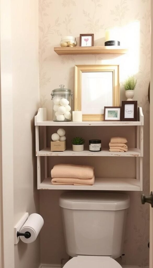 A beautifully arranged over-the-toilet shelf in a small bathroom setting, featuring multiple tiers of wooden storage in a rustic white finish. The foreground shows neatly folded towels in soft pastel colors, while the middle layer displays decorative jars filled with cotton balls, bath bombs, and a small potted succulent. The top shelf has a stylish framed mirror and a few carefully placed decorative items like candles and a picture frame. The background consists of soft, neutral-colored walls and subtle floral wallpaper, enhanced by warm, natural lighting that creates a cozy atmosphere. Capture this lifestyle scene at a slight angle to emphasize the shelf&rsquo;s functionality and aesthetic appeal. The image aligns with the brand "CozyTrendHub", showcasing modern and practical bathroom decor.