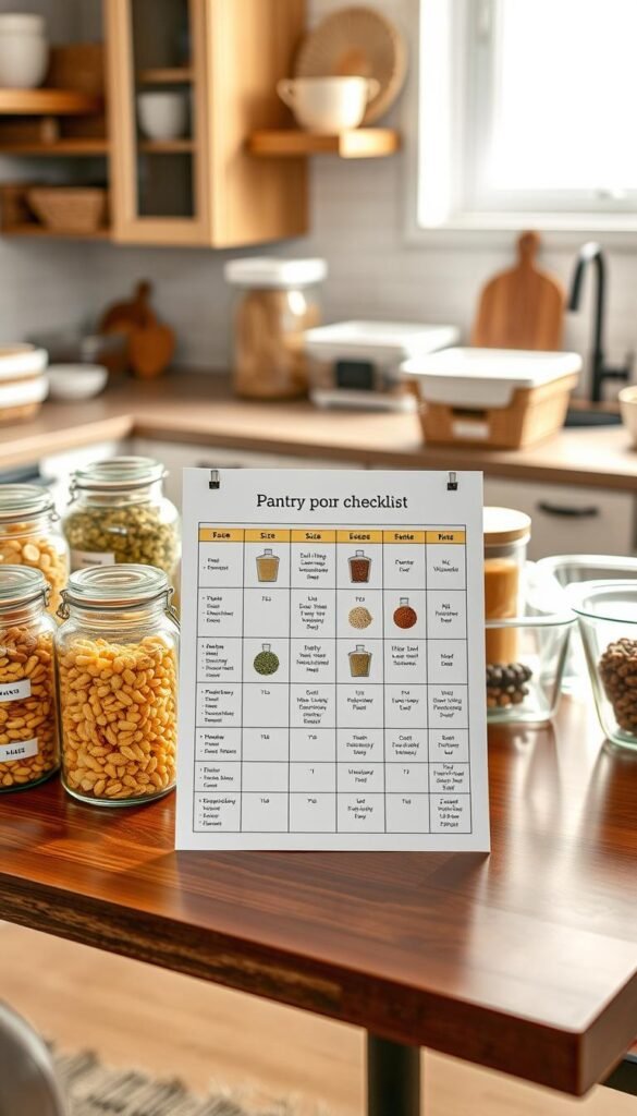 A beautifully arranged pantry comparison checklist on a sleek wooden table, showcasing various containers, bins, and baskets. In the foreground, a stylish selection of transparent glass jars with labeled lids, natural wicker baskets, and modern plastic bins, all filled with colorful ingredients like pasta, nuts, and spices. The middle layer features a neat, organized grid displaying different sizes and styles of pantry storage solutions for easy comparison. The background fades softly into a cozy, well-lit kitchen, with warm light from a window casting a gentle glow. The mood is inviting and practical, perfect for home organization enthusiasts. Emphasize a Pinterest-worthy aesthetic and incorporate elements of home decor, reflecting the brand name "CozyTrendHub".
