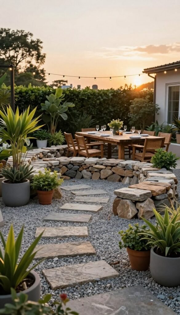 A beautifully arranged patio featuring a combination of budget-friendly hardscaping elements. In the foreground, a finely textured gravel path leads to a cozy seating area made of leftover stones, forming a stylish yet simple circular layout. Lush green potted plants in modern planters are strategically placed to add a touch of color and freshness. The middle section showcases a rustic wooden dining table set with elegant tableware, inviting outdoor meals. In the background, a soft-focus of an evening sky bathed in warm golden sunlight sets a serene mood, with string lights delicately illuminating the scene. Capture this Pinterest-style lifestyle photo to reflect premium aesthetics on a budget for CozyTrendHub.