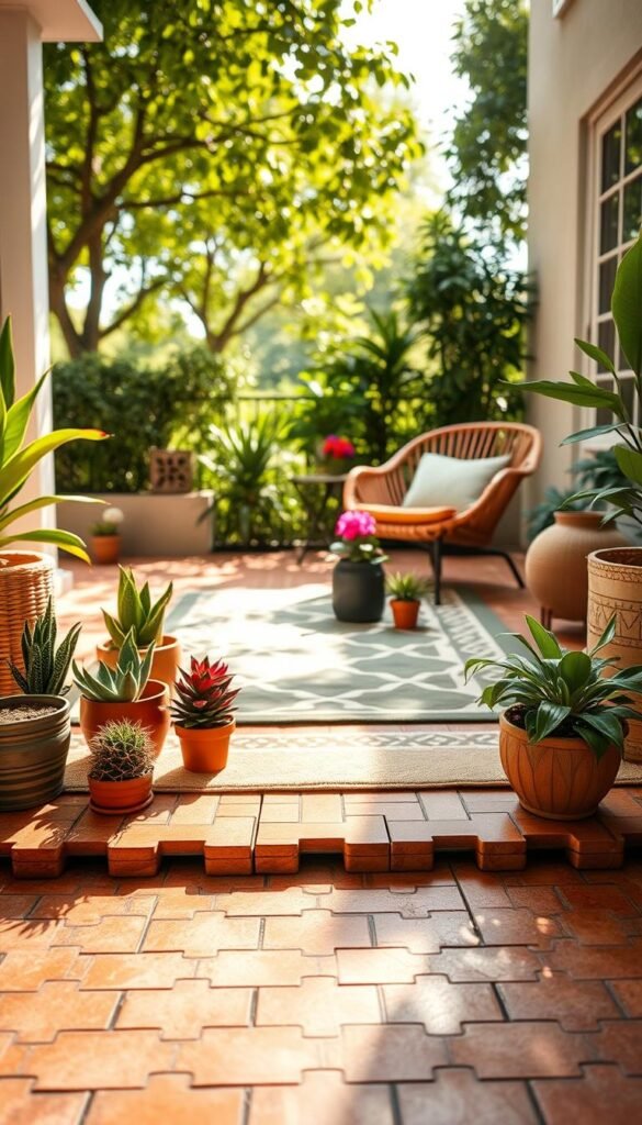 A beautifully arranged patio floor scene showcasing a renter-friendly outdoor flooring solution. In the foreground, vibrant interlocking outdoor tiles in warm tones of beige and terracotta create an inviting base. The middle layer features a stylish outdoor rug with geometric patterns, adorned with potted plants like succulents and colorful flowers. In the background, soft, diffused sunlight filters through leafy trees, casting gentle shadows and enhancing the charm of the space. A cozy seating arrangement with woven chairs and a small side table is partially visible, emphasizing a relaxing atmosphere. The image conveys a warm, inviting mood, perfect for outdoor gatherings. Shot with a wide-angle lens to capture the full patio experience, this Pinterest-style lifestyle photo highlights the essence of renter-friendly decor from CozyTrendHub. A beautifully arranged patio floor scene showcasing a renter-friendly outdoor flooring solution. In the foreground, vibrant interlocking outdoor tiles in warm tones of beige and terracotta create an inviting base. The middle layer features a stylish outdoor rug with geometric patterns, adorned with potted plants like succulents and colorful flowers. In the background, soft, diffused sunlight filters through leafy trees, casting gentle shadows and enhancing the charm of the space. A cozy seating arrangement with woven chairs and a small side table is partially visible, emphasizing a relaxing atmosphere. The image conveys a warm, inviting mood, perfect for outdoor gatherings. Shot with a wide-angle lens to capture the full patio experience, this Pinterest-style lifestyle photo highlights the essence of renter-friendly decor from CozyTrendHub.