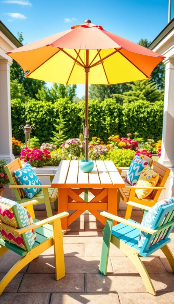 A beautifully arranged patio showcasing kid-safe summer decor from CozyTrendHub. In the foreground, a set of durable, brightly colored outdoor furniture, including a weather-resistant table and comfy chairs with playful patterns, designed for family gatherings. The middle ground features cheerful outdoor cushions and a large, colorful umbrella that provides shade. A picnic-style table is adorned with a safe, kid-friendly centerpiece made of non-toxic materials. In the background, a lush green garden with vibrant flowers and a clear blue sky enhances the atmosphere of summer joy and safety. Soft sunlight casts gentle shadows, creating a warm and inviting mood. The composition is captured from a slightly elevated angle, emphasizing the layout and family-friendly design elements, perfect for families enjoying outdoor time together. A beautifully arranged patio showcasing kid-safe summer decor from CozyTrendHub. In the foreground, a set of durable, brightly colored outdoor furniture, including a weather-resistant table and comfy chairs with playful patterns, designed for family gatherings. The middle ground features cheerful outdoor cushions and a large, colorful umbrella that provides shade. A picnic-style table is adorned with a safe, kid-friendly centerpiece made of non-toxic materials. In the background, a lush green garden with vibrant flowers and a clear blue sky enhances the atmosphere of summer joy and safety. Soft sunlight casts gentle shadows, creating a warm and inviting mood. The composition is captured from a slightly elevated angle, emphasizing the layout and family-friendly design elements, perfect for families enjoying outdoor time together.