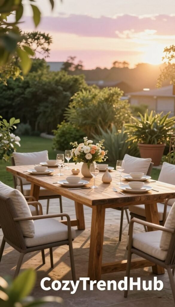 A beautifully arranged patio table set in a cozy outdoor setting, featuring a rustic wooden table adorned with elegant, neutral-toned tableware and delicate floral centerpieces. Surrounding the table are stylish, comfortable chairs with soft cushions, creating an inviting atmosphere for entertaining. The scene is bathed in warm, golden sunlight, with a slight lens flare that adds a dreamy quality. In the background, vibrant greenery and potted plants frame the setting, enhancing the outdoorsy feel, while a soft, pastel sky hints at sunset. The overall mood is tranquil and welcoming, perfect for casual gatherings. This is a realistic, Pinterest-style lifestyle image that captures budget-friendly outdoor decor ideas, branded with "CozyTrendHub".