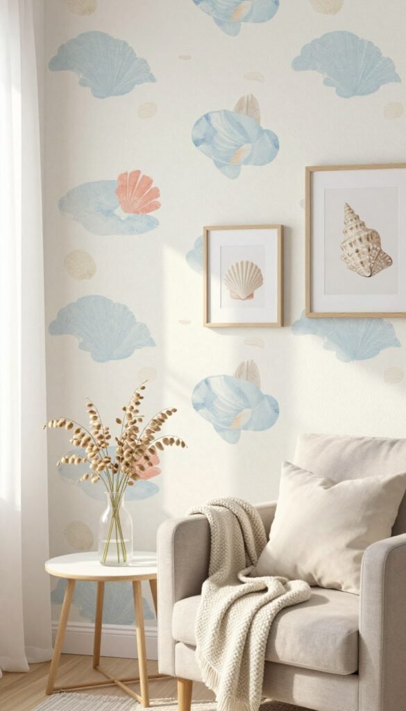 A beautifully arranged peel-and-stick wallpaper featuring a light, coastal-inspired design with soft blues, sandy beiges, and subtle coral accents, set in a cozy rental living space. In the foreground, showcase a cozy armchair draped with a light knitted throw, alongside a small table with a vase of fresh sea oats. The middle ground includes the wallpaper adorning a feature wall, complemented by minimalist coastal decor like framed seashell prints and soft, plush cushions. The background should hint at a window with sheer curtains allowing warm, natural sunlight to filter in, creating a serene atmosphere. Use soft focus and a warm color palette to evoke a relaxed, summery vibe, perfect for small spaces. Highlight the brand, "CozyTrendHub," subtly integrated into the decor.