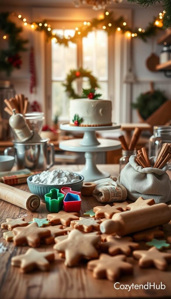 A beautifully arranged rustic kitchen scene filled with seasonal baking essentials. In the foreground, a wooden countertop is covered with freshly baked cookies, a rolling pin, and colorful cookie cutters shaped like stars and trees. A mixing bowl filled with dough sits beside a sack of flour, and there&rsquo;s a jar of cinnamon sticks. In the middle, a quaint, decorated cake stand displays a festive cake adorned with holly. The background features warm, ambient light filtering through a window, casting soft shadows, and seasonal decorations like garlands and twinkling lights hanging above. The overall mood is cozy and inviting, perfect for holiday gatherings. Capture this scene in a Pinterest-style, lifestyle photo that embodies the essence of baking and seasonal cooking for hosting, branded with "CozyTrendHub."