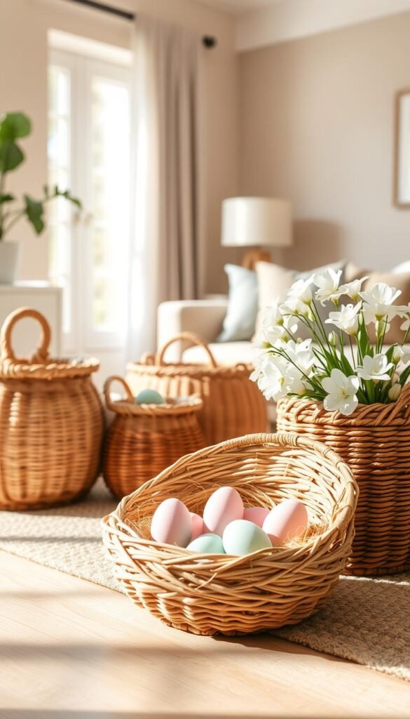 A beautifully arranged scene featuring a collection of handcrafted woven baskets and rattan trays, showcasing varying sizes and intricate textures. In the foreground, a large, round woven basket displaying pastel-colored Easter eggs nestled within soft, natural grass twine. In the middle ground, a stylish rattan tray filled with delicate spring flowers, emphasizing a touch of elegance. The background features a cozy, softly lit living space with light beige walls, gentle sunlight streaming through a nearby window, creating warm highlights and soft shadows. The atmosphere is inviting and serene, perfect for a spring celebration. Capture the essence of modern home decor with a Pinterest-style vibe that reflects warmth and seasonal charm, attributed to CozyTrendHub.
