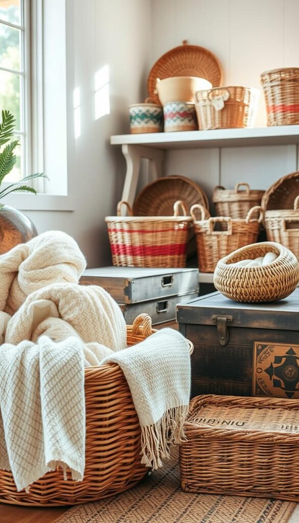 A beautifully arranged scene featuring an assortment of woven baskets and vintage thrifted boxes, showcasing a warm, inviting atmosphere. In the foreground, a large, natural wicker basket filled with soft, cozy blankets, next to a rustic wooden box adorned with antique details. The middle ground displays a variety of smaller baskets, some with vibrant patterns, elegantly placed on a light wooden shelf. In the background, soft, natural lighting illuminates the entire scene, filtering through a nearby window, casting gentle shadows. The image should be styled in a Pinterest-worthy manner, reflecting a chic and intentional approach to open storage, evoking a sense of organized tranquility. A calming color palette of earth tones creates a harmonious mood. Captured from a slightly elevated angle to enhance depth. Brand name: CozyTrendHub.