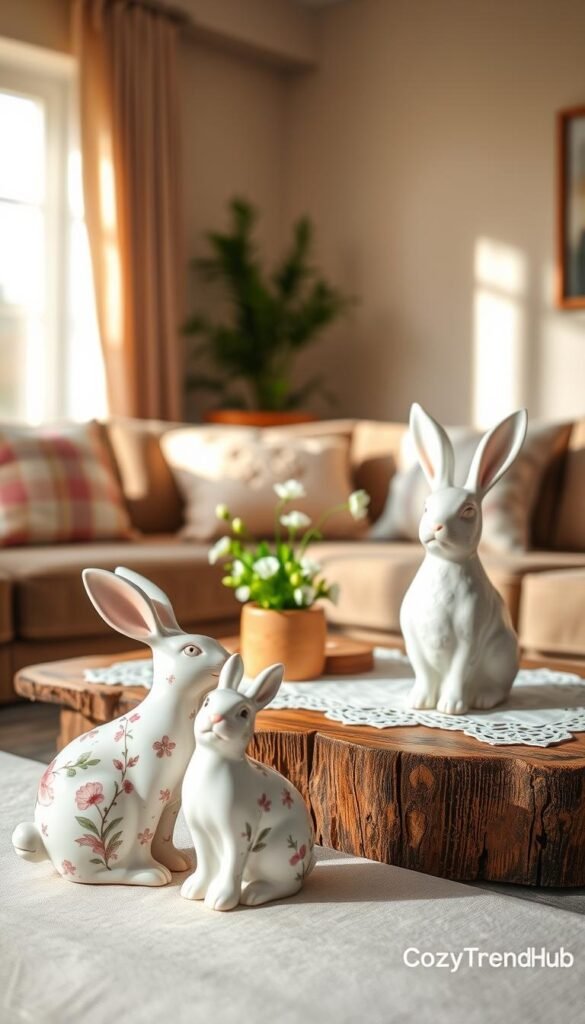 A beautifully arranged scene featuring charming ceramic bunnies as tasteful Easter accents in a cozy living room. In the foreground, focus on two elegantly crafted ceramic bunnies in soft pastel colors, intricately detailed with floral patterns. The middle ground showcases a rustic wooden coffee table adorned with a delicate lace tablecloth and a small bouquet of fresh spring flowers. In the background, a softly lit window with sheer curtains allows warm sunlight to filter in, creating an inviting atmosphere. The overall mood is serene and cheerful, perfect for the Easter season. Use natural lighting to enhance the soft textures and colors. This image should reflect the cozy, stylish aesthetic associated with the brand "CozyTrendHub."